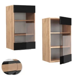 Küchenschrank Glas "Fame-Line" Schwarz-Eiche Hochglanz/Goldkraft Eiche 40 Cm Vicco -Vicco mf314 dr gk s eiche 09 ol