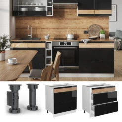 Küchenunterschrank "Fame-Line" Schwarz-Eiche Hochglanz/Weiß 80 Cm Mit 3 Schubladen, Ohne Arbeitsplatte Vicco -Vicco mf483 dr w s eiche 02 ol