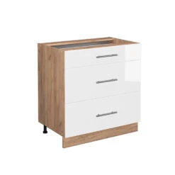 Küchenunterschrank "Fame-Line" Weiß Hochglanz/Goldkraft Eiche 80 Cm Mit 3 Schubladen, Ohne Arbeitsplatte Vicco