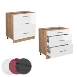 Küchenunterschrank "Fame-Line" Weiß Hochglanz/Goldkraft Eiche 80 Cm Mit 3 Schubladen, Ohne Arbeitsplatte Vicco -Vicco mf497 whgl 09 ol