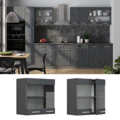 Küchenschrank Glas "R-Line" Schwarz Beton/Anthrazit 60 Cm Vicco -Vicco mm279 schbet 04 ol